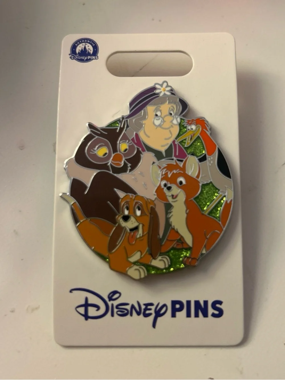 Disney Multicolor Fox and Hound Character Enamel Pin with Green Glitter Accents